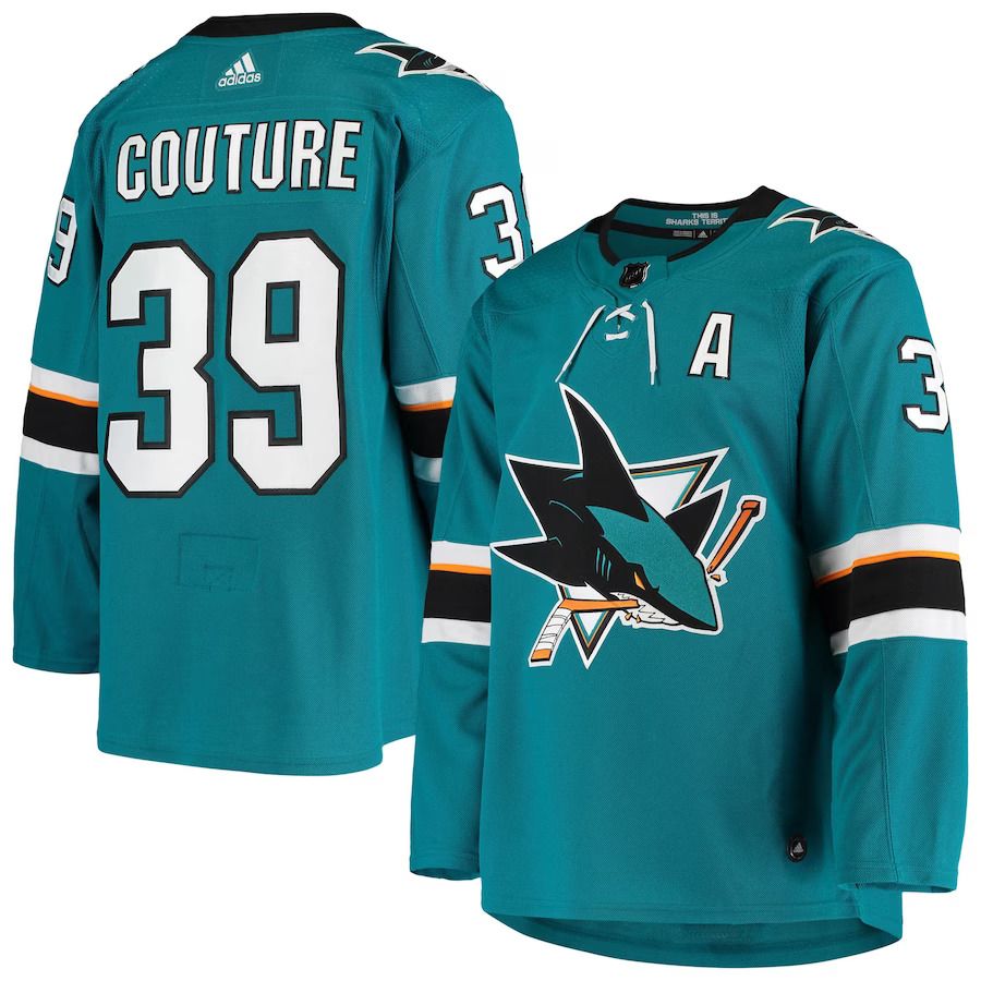 Men San Jose Sharks 39 Logan Couture adidas Teal Home Authentic Alternate Captain Player NHL Jersey